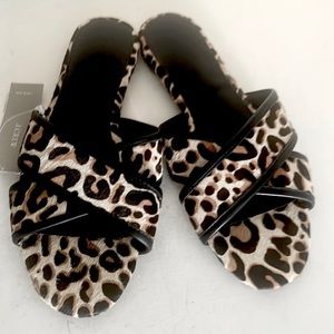 J Crew Animal Print Flats Leopard Sandals Dyed NEW Calf Hair Vacation Comfort